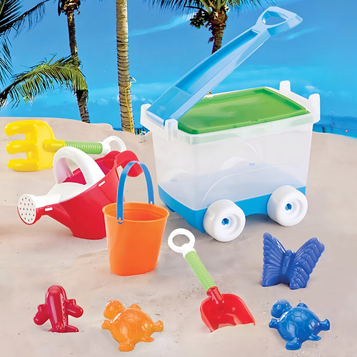 Kit de juguetes de playa con balde, regadera y carro para tirar
