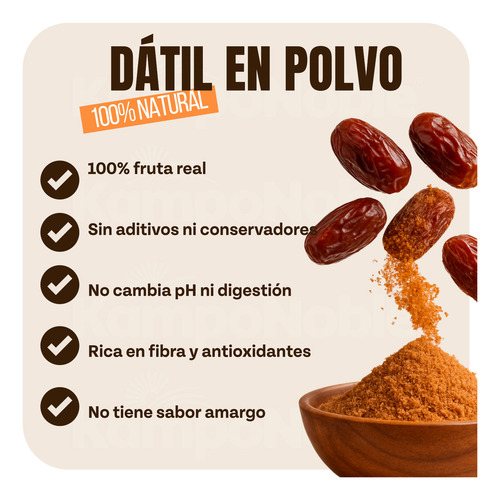 Azúcar de dátiles | Endulzante 100% Natural | Solo 1 ingrediente (Dátil en polvo) | Contenido Neto: 500g | KampoNoble