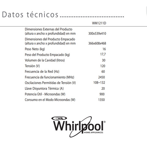 Horno De Microondas Whirlpool 1.1p3 30lts Potente