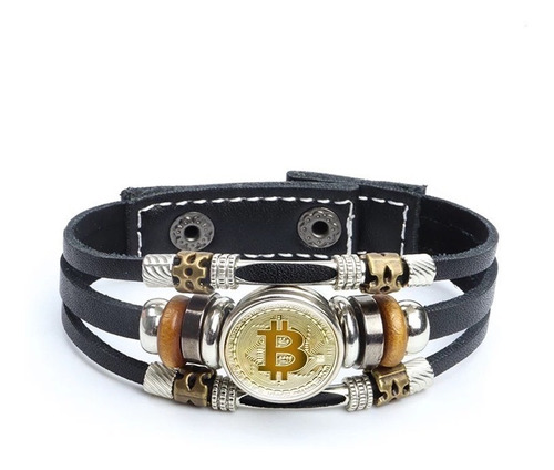 Pulsera Echa A Mano Bitcoin Cuero , Madera Y Vidrio