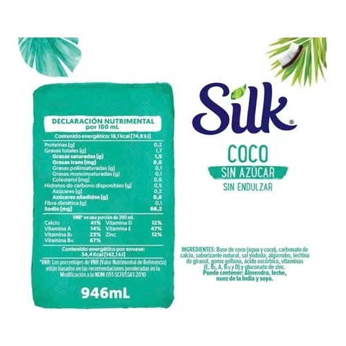 6 Pack Silk Leche De Coco 946 Ml S/azucar