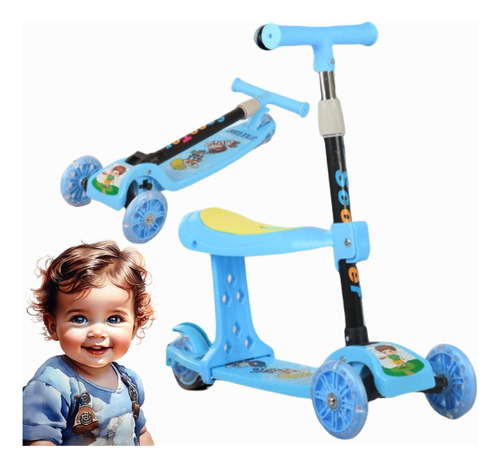 3 En 1 Patineta Scooter Infantil Con Luz Y Asiento Plegable Color Azul Animado