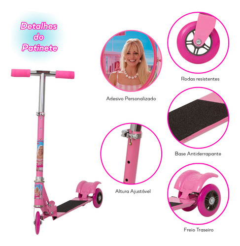 Patinete Iantil 3 Rodas Barbie Feminino Rosa 24hrs