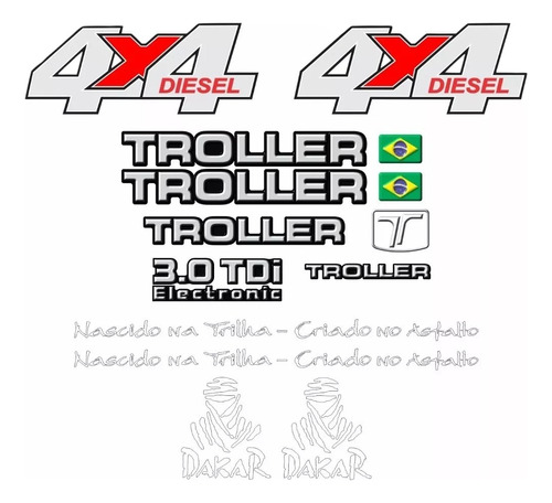 Kit Adesivos Emblema Troller T4 4x4 Diesel 3.0 Tdi 2006  Preto Resinado  Tlr061