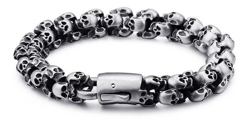 Pulsera Biker Calaveras Acero Brushed Hombre Gótico Craneos 