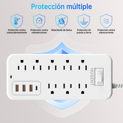 Regleta Multicontacto Con 3 Cargador Usb 8 Salidas 1 Tipo C
