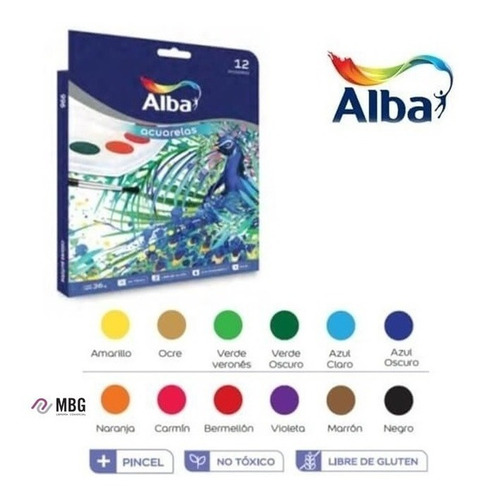 Imagen 2 de 3 de Acuarela Escolar Alba Por 12 Colores + Pincel