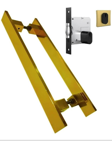 Puxador Porta Pivotante Inox Dourado Reto + Fechadura 100 Cm