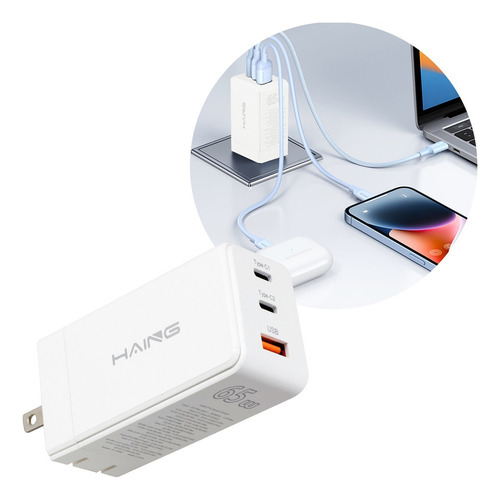 Cargador Cubo Carga Rápida Slim Company Triple Turbo 2 Puertos Tipo C Y Uno Tipo Usb 65w Plegable Color Blanco