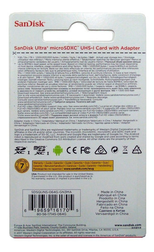 Memoria Micro Sdxc Sandisk 64gb Clase 10 Original Sellado