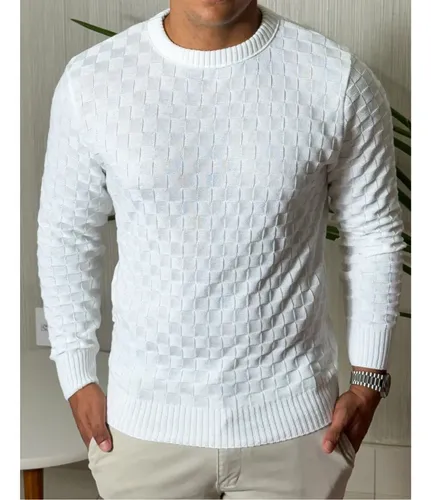 Suéter Masculino Lã Tricot Manga Longa Xadrez Blusa De Frio