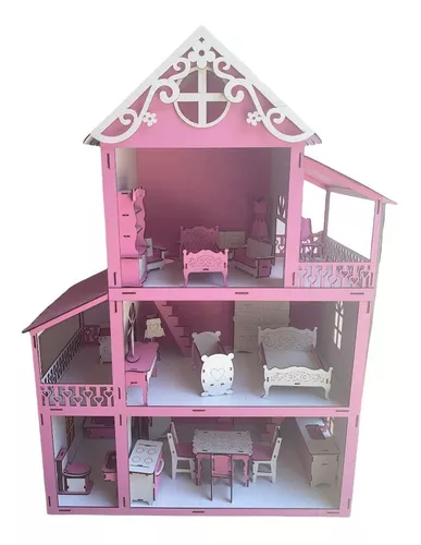 Casa Casinha Da Barbie + Garagem em Mdf Rosa e Branco Com 22