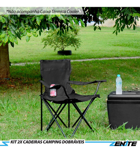 Kit 2 Cadeiras Praia Camping Pesca Dobrável Com Porta Copos + Bolsa Preta Zenite