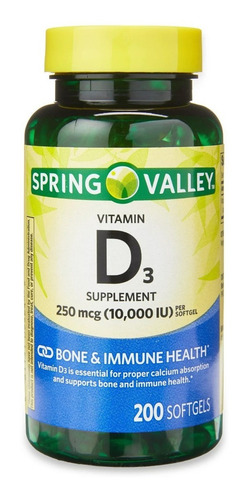 Vitanina D3 250 Mcg 10,000iu Spring Valley (200 Softgels) Sabor Sin Sabor