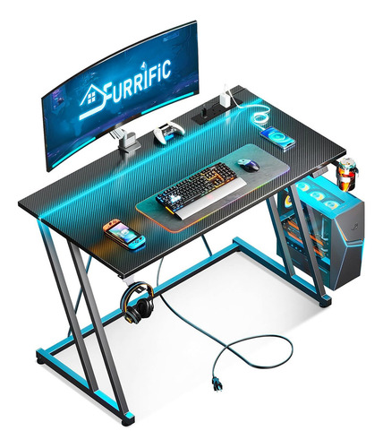 FURRIFIC Escritorio Gamer Ajustable RGB LED 100x50cm Base Z Estable con 2 Enchufes + 2 USB, Portavasos y Soporte Auriculares | Mesa PC Gaming