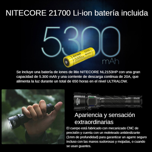 Linterna Nitecore MH25 PRO 3300 lumens Recargable 5300mah Alcance 705 metros Color Negra Luz Blanca