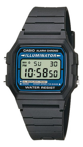 Pulseira de relógio iluminadora Casio Vintage F-105W-1ADF azul/preta, cor preta