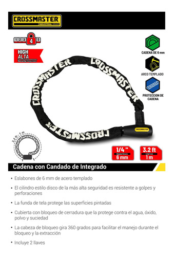 Imagen 2 de 4 de Cadena Con Candado Integrado 6mm X 1.0mt Crossmaster 9933420