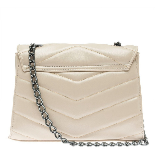 Bolsa Feminina Corrente Ombro Pequena Matelassê Cor Off White Correia De Ombro Grafite Desenho Do Tecido Liso
