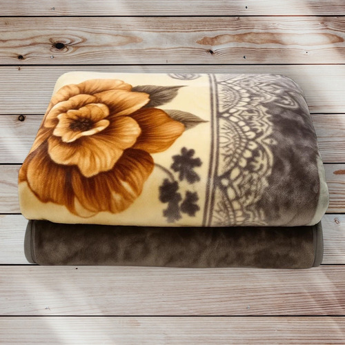 Frazada Extra Gruesa Doble Reversible 2.5 Plaza, Abrigadas Gris Flor Beige Gris