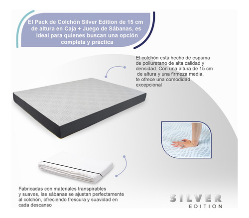 Colchón Queen Size En Caja 15 Cm Altura + Juego De Sábanas Blanco Con Gris