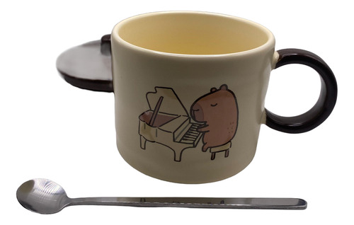 Taza Cerámica 350ml Tapa Cerámica + Cuchara Capybara Piano Crema Capibara Piano