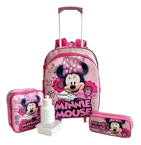 Kit Mochila Infantil Minnie Mouse Flores Rosa Rodinhas M F5