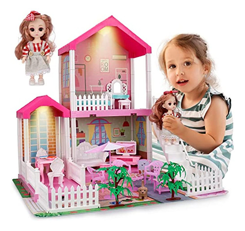 Hcfjeh Dollhouse Play House Para Niña, Casa De Muñecas Con L