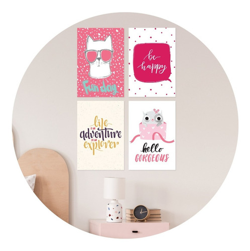 Placas Decorativas Com Frases Happy Cat 20x30cm Kit 4un frase