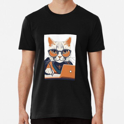 Remera Un Gato Naranja Escribe Con Gafas. Algodon Premium