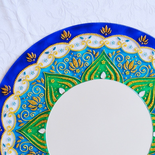 Vitral Mandala Azul E Verde 40cm Com Espelho Central De 20cm