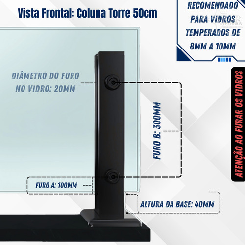 Kit 11 Coluna Torre 50 Cm Preto Fosco 2 Furos Blindex Inox