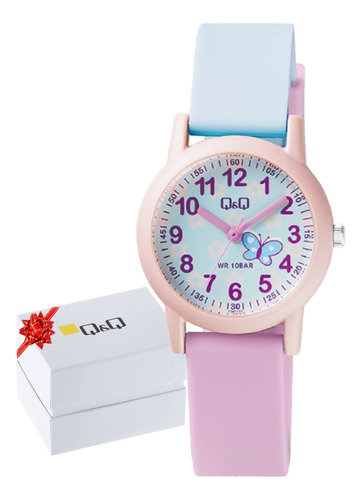 Reloj Q&q Niña Mariposa Números Y Manecillas Azul Rosa