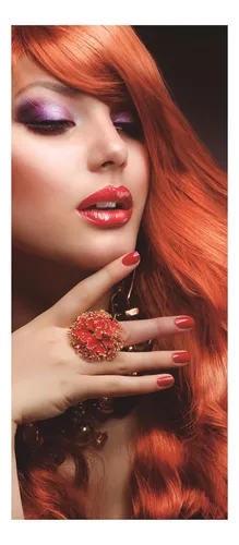 Adesivo Decorativo Porta Salão Beleza Ruiva Anel Flores Cor Colorido