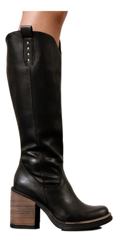 Botas Mujer Caña Alta Taco Ancho Foliado Eco Cuero Moda 1486
