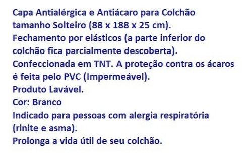 Capa Antialérgica Antiácaro Colchão Solteiro Pvc/tnt Elástic