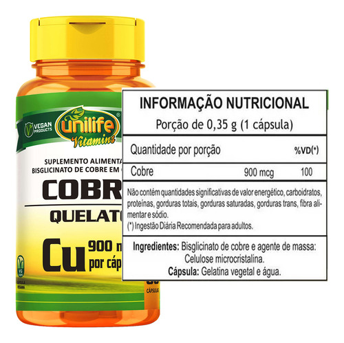 4x Cobre Quelato - 60 Cápsulas 350mg - Unilife Vitamins