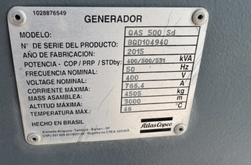 Grupo Electrógeno 500 Kva Atlas Copco Qas500sd Envíos País (Usado)