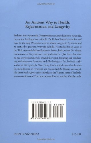 Prakriti: Your Ayurvedic Constitution (your Ayurvedic Const, De Dr. Robert Svoboda. Editorial Lotus Press, Tapa Blanda En Inglés, 0000