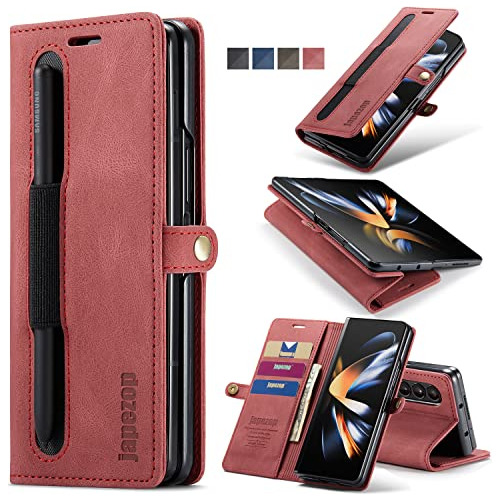 Funda Para Galaxy Z Fold 4 Billetera Cuero Rojo Porta Spen