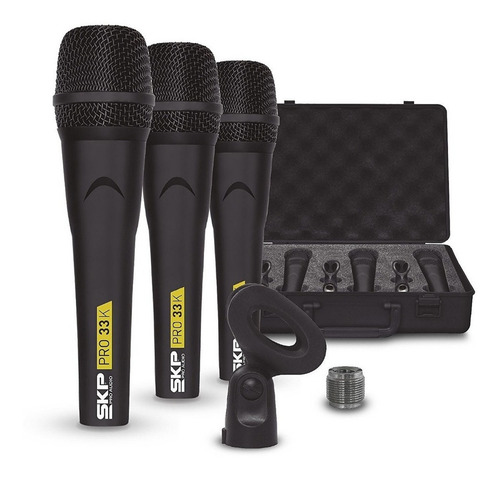 Microfono Dinamico Vocal Pack 3 Unidades C/case Pro 33k Skp Negro