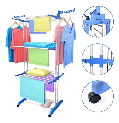 Tendedero Ropa Colgador Pechero Plegable 3 Niveles Color Azu