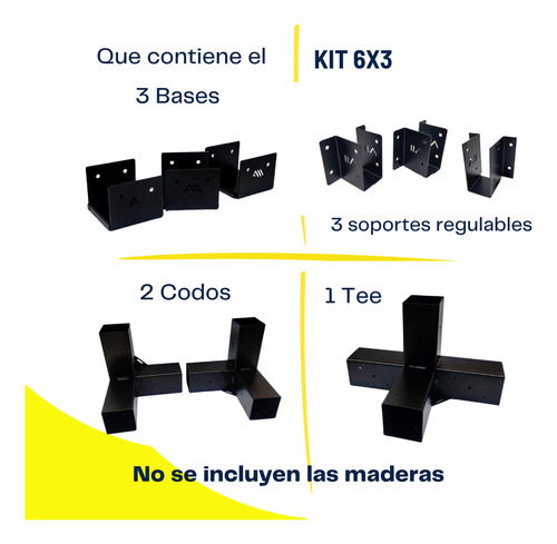 Kit Pergola 6x3 Apoyo Pared Tirante 4p Base Soporte U Alluss Negro