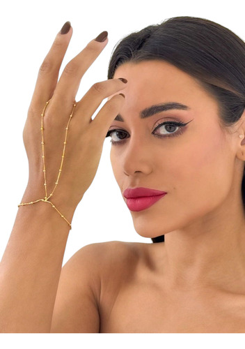 Pulseira Para Mão Dedo Bolinhas Folheada A Ouro