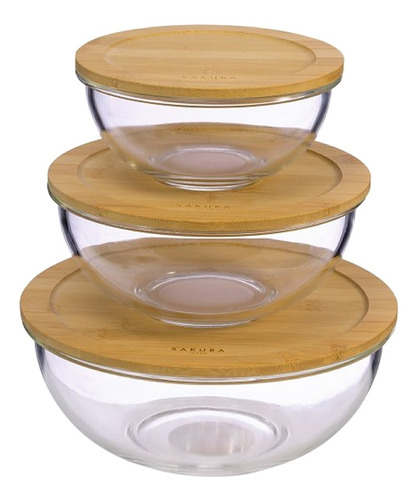 Set X 3 Bowls Vidrio Sakura Tapa Bamboo Tienda Pepino