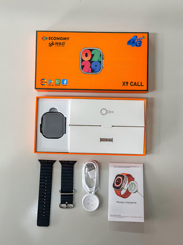 Smartwatch X9 Call 4g Internet Chip Wifi Gps Tiktok Caixa Titânio Pulseira Laranja E Preto Bisel Titânio Desenho Da Pulseira Ocean