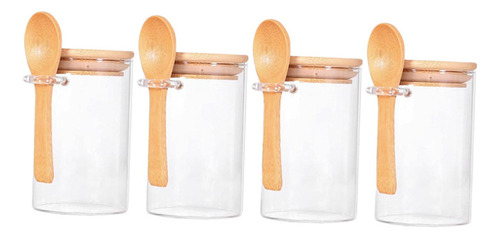 Jj 4 Potes De Vidro Com Tampas De Bambu E Colheres De Pau P