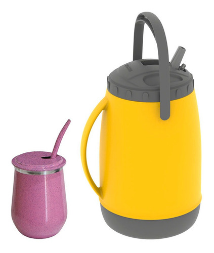 Kit Tereré Vino Garrafa Copo Térmico E Bomba Amarelo E Rosa