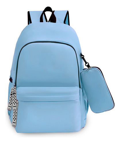 Mochila Feminina Escolar Costura Reforçada Antifurto Estojo Cor Azul-claro