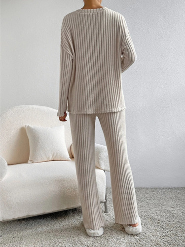 Conjunto Mujer Top Escote Pico Manga Larga Top Y Pantalón
